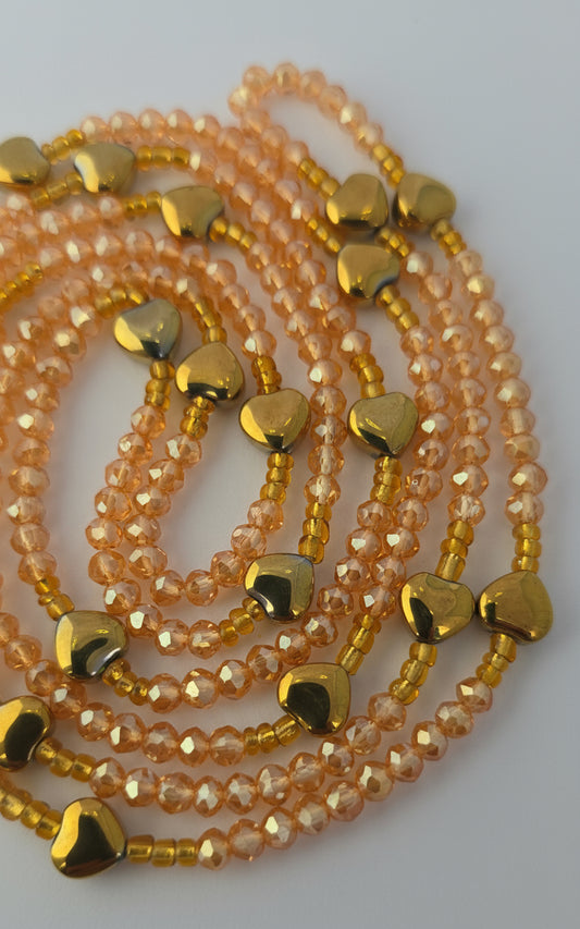 Heart of Gold Waist Beads – Shimmering Amber Crystal Beads with Gold Heart Accents for Confidence & Elegance
