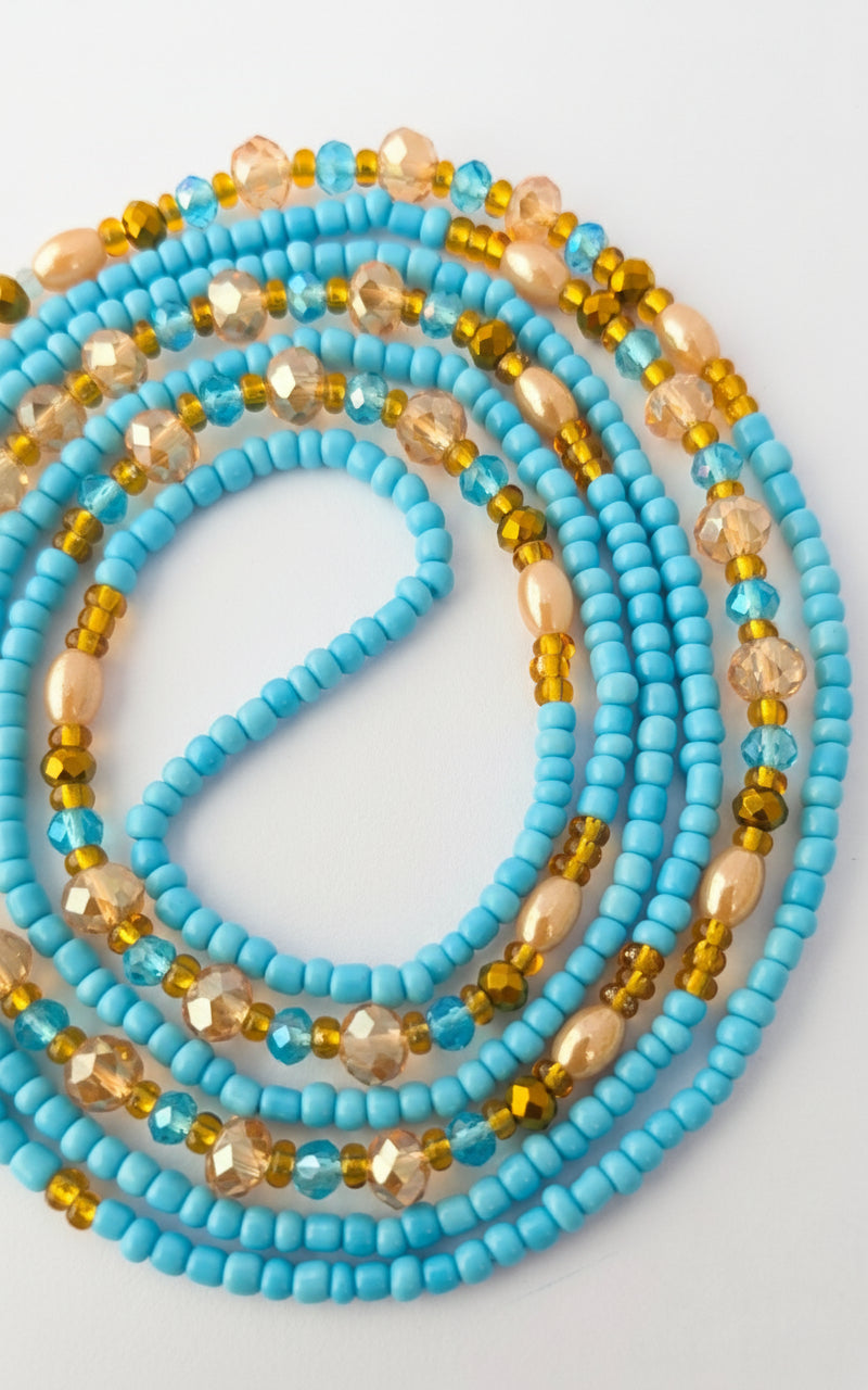 Golden Sky Waist Beads – Light Blue & Honey Gold Handmade Body Jewelry | Simply Adorn Me